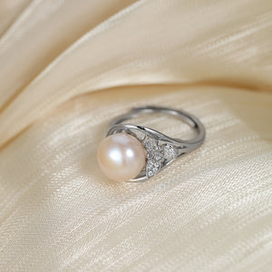 ANBBAS Radiant Pearl - Sterling Silver 925 Ring with Pave Set Diamond Accents and a Single Pearl