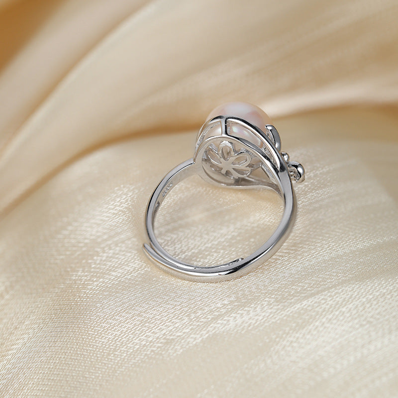 ANBBAS Radiant Pearl - Sterling Silver 925 Ring with Pave Set Diamond Accents and a Single Pearl