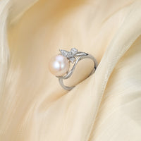 ANBBAS Radiant Pearl - Sterling Silver 925 Ring with Pave Set Diamond Accents and a Single Pearl