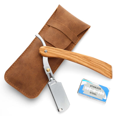 Folding Cut Throat Razor Straight Razor with Leather Pouch for Beginners
