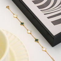 ANBBAS Exquisite Dual Flower Design - 925 Sterling Silver Gold-Plated Bracelet with Green Malachite and Shell Floral Motifs, Embodying Natural Elegance