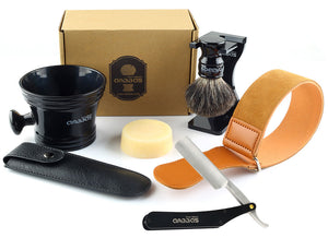 7in1 Shaving Brush Set with Stand,Mug,Soap,Razor&Bag,Razor Strop Kit for Men