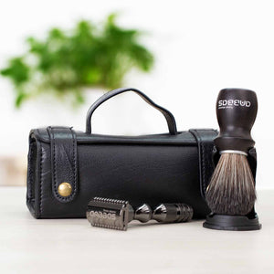 Travel Shaving Set, Vegan Brush with Stand, DE Razor with Portable Bag