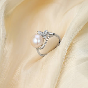 ANBBAS Radiant Pearl - Sterling Silver 925 Ring with Pave Set Diamond Accents and a Single Pearl