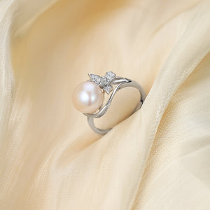 ANBBAS Radiant Pearl - Sterling Silver 925 Ring with Pave Set Diamond Accents and a Single Pearl