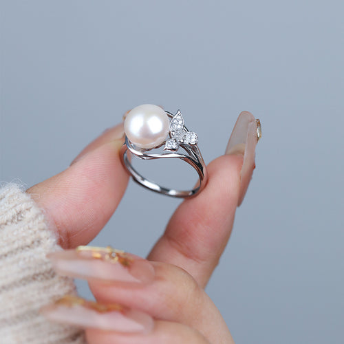 ANBBAS Radiant Pearl - Sterling Silver 925 Ring with Pave Set Diamond Accents and a Single Pearl