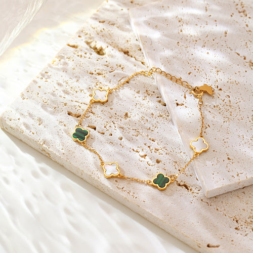 ANBBAS Exquisite Dual Flower Design - 925 Sterling Silver Gold-Plated Bracelet with Green Malachite and Shell Floral Motifs, Embodying Natural Elegance