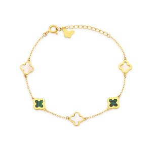 ANBBAS Exquisite Dual Flower Design - 925 Sterling Silver Gold-Plated Bracelet with Green Malachite and Shell Floral Motifs, Embodying Natural Elegance