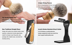 7in1 Set,Shaving Brush,Stand,Soap and Bowl,Straight Razor&Bag,10pcs Blades Kit