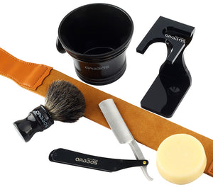 7in1 Shaving Brush Set with Stand,Mug,Soap,Razor&Bag,Razor Strop Kit for Men