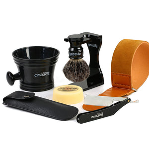 7in1 Shaving Brush Set with Stand,Mug,Soap,Razor&Bag,Razor Strop Kit for Men