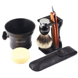 7IN1 Set,Shaving Brush,Stand,Mug and Soap,Straight Razor and Case with 10 Blades