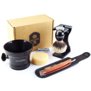 7IN1 Set,Shaving Brush,Stand,Mug and Soap,Straight Razor and Case with 10 Blades