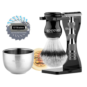 5IN1 Shaving Set Synthetic Brush & Bowl,3.5oz Soap, Black Holer with DE Razor
