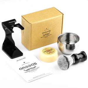 4IN1 Faux Badger Brush with Shaving Soap and Bowl,Black Stand Holer for Razor