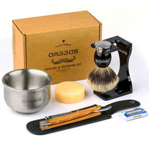 7IN1 Set,Shaving Brush,Stand,Mug and Soap,Straight Razor and Case with 10 Blades