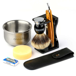 7IN1 Set,Shaving Brush,Stand,Mug and Soap,Straight Razor and Case with 10 Blades