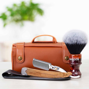 Travel Shaving Set, Vegan Brush with Straight Razor and Case, Portable Bag