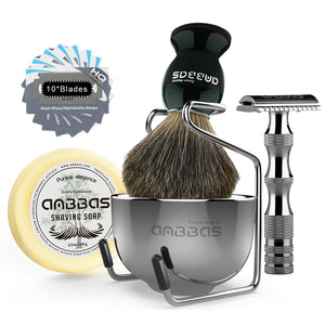 5in1 Black Shaving Brush, Holder, Soap, Bowl and Safety Razor Set for Men Shaving